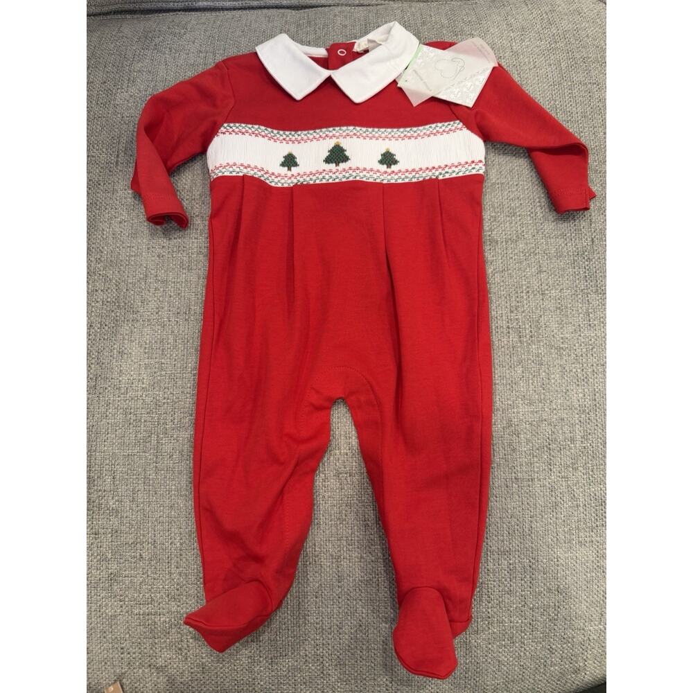 Kissy Kissy Premiere Hand Smocked Christmas Tree Footie Pima Boys 3-6 M NWT